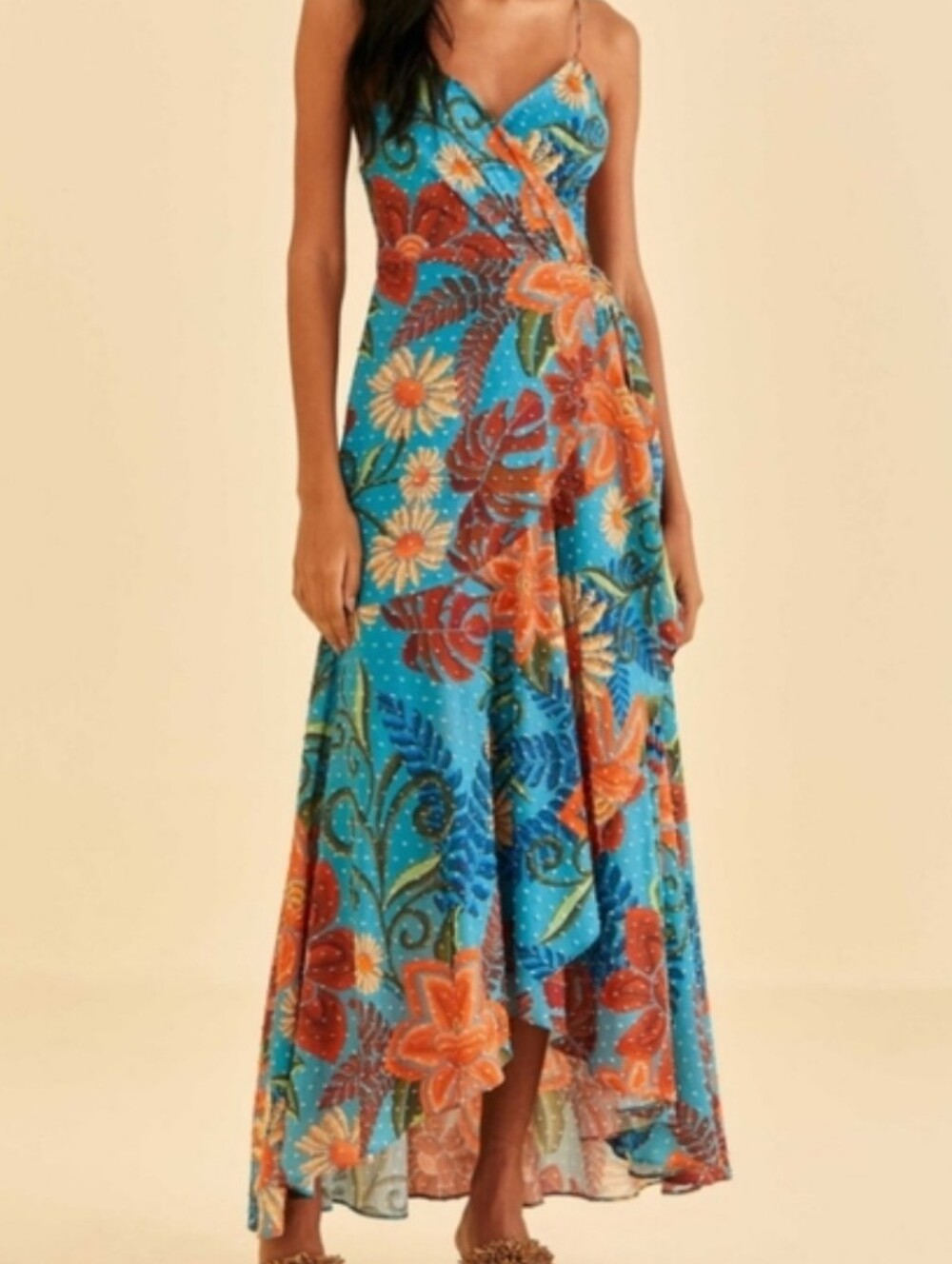 FARM Rio Blue Floral Wrap Maxi Dress with Orange Accents